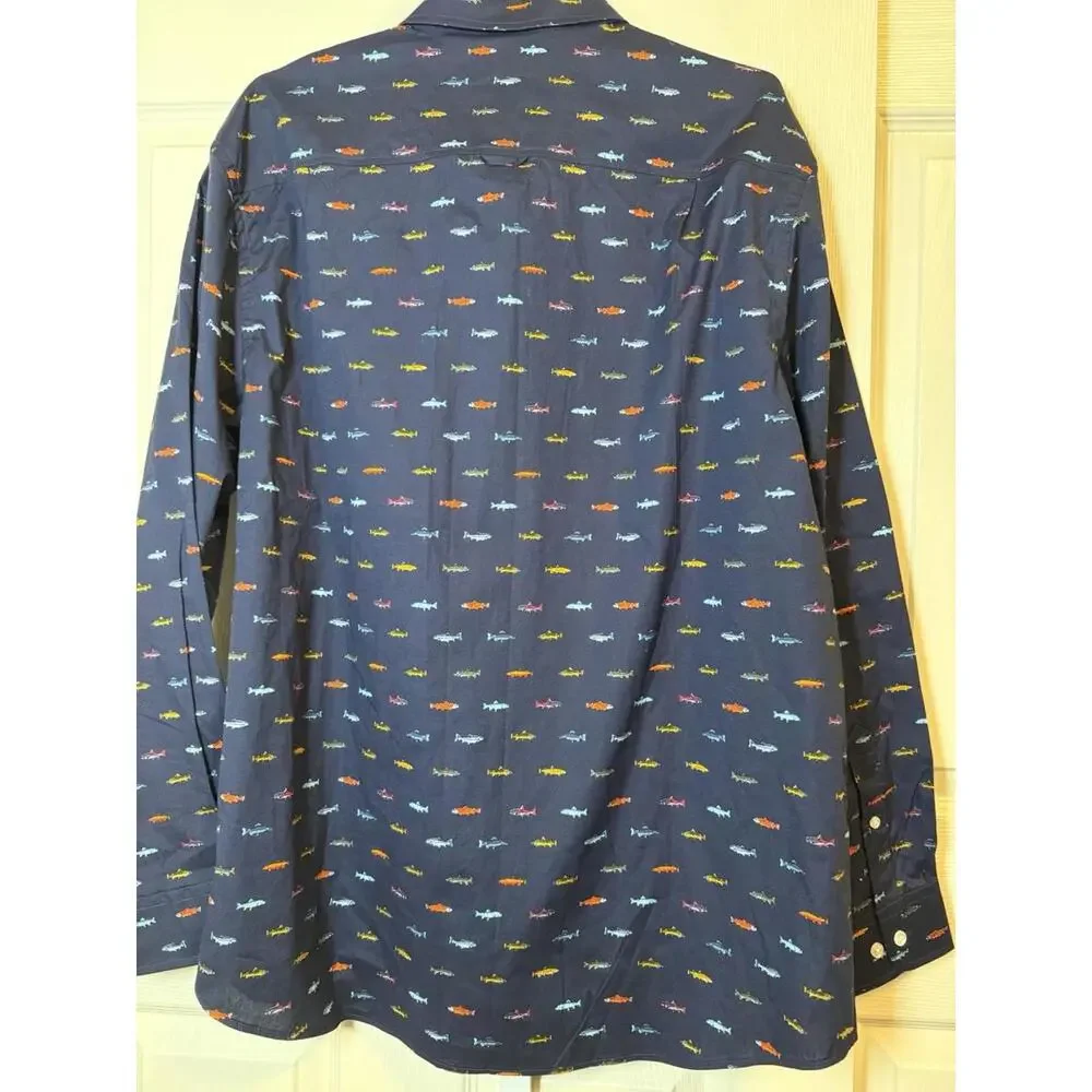 Club Room Men’s XL Long Sleeve Button Down Shirt Blue With Fish Print - Picture 6 of 7